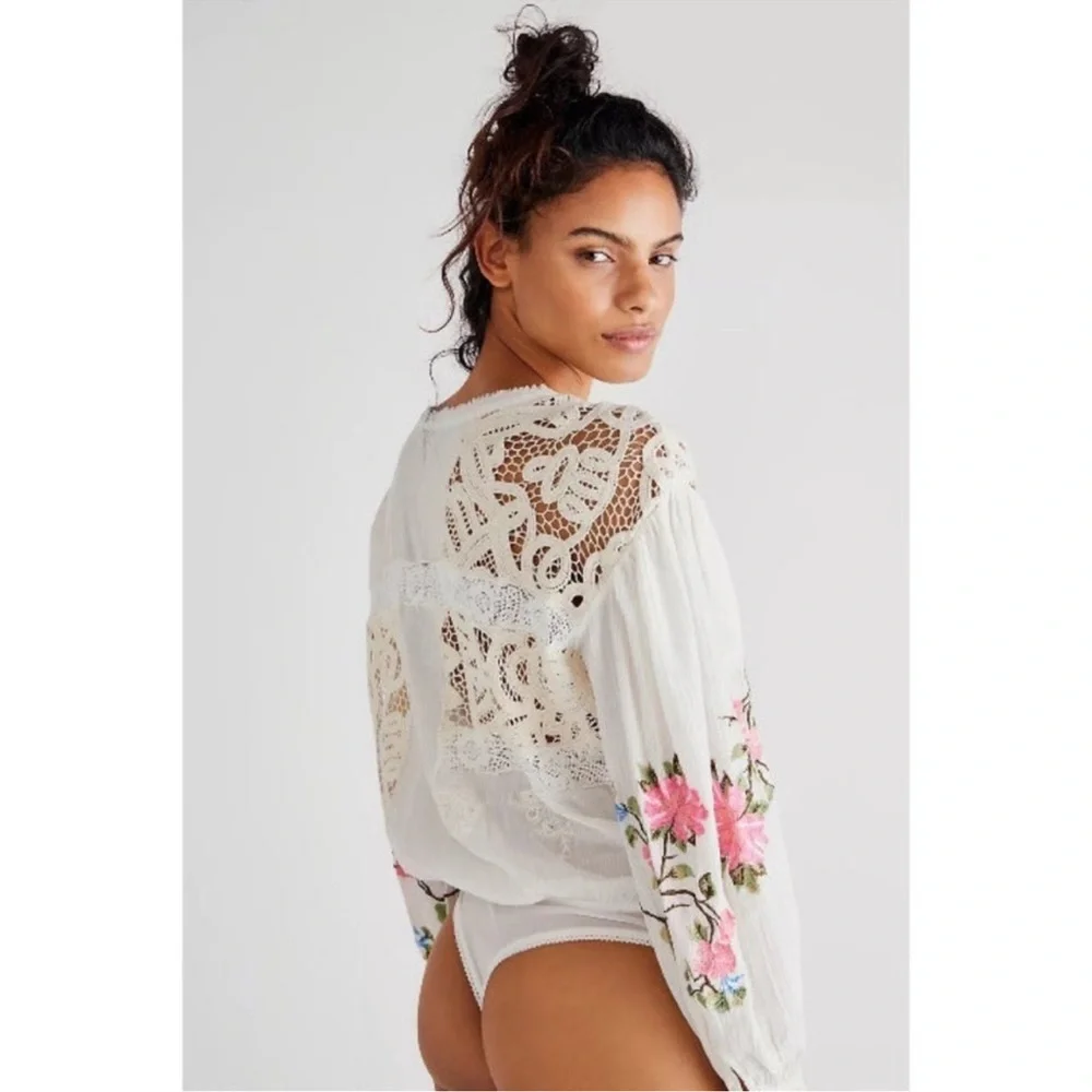 NWOT Free People Making Harmony Embroidered Cotton Long Sleeve Bodysuit XS